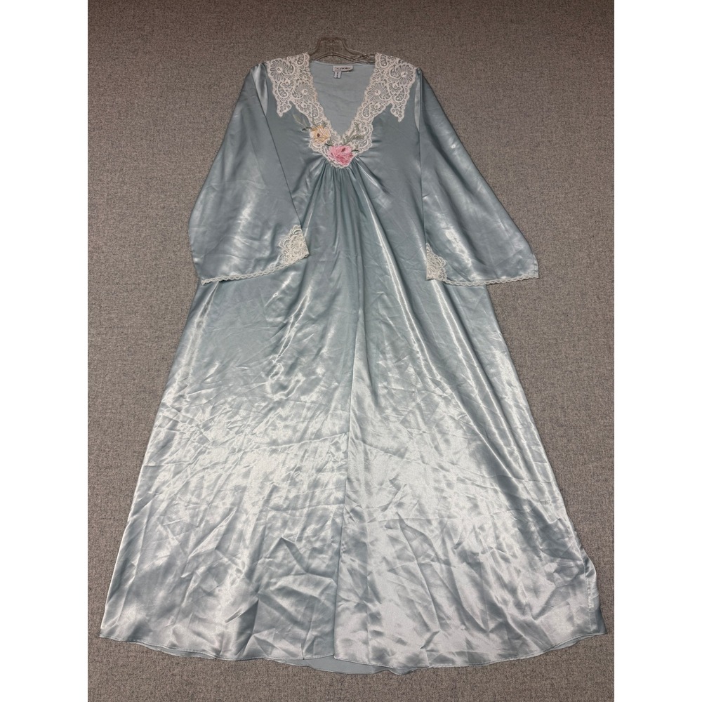 Natori Nightgown Small Light Blue Satin Lace Floral Embroidery Vintage A13049